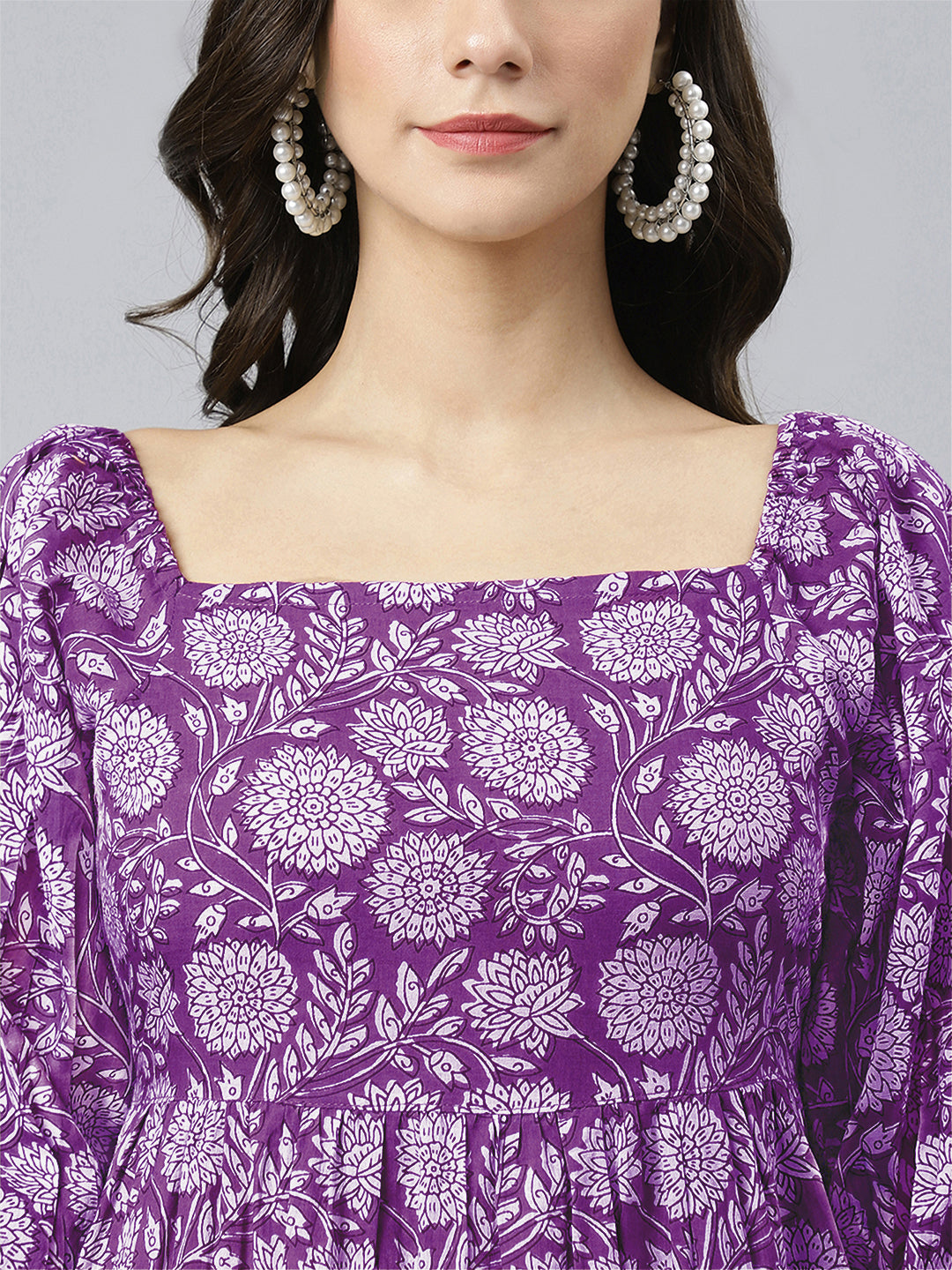 Janasya Bright Cotton Floral Tiered Dress | Grocsy