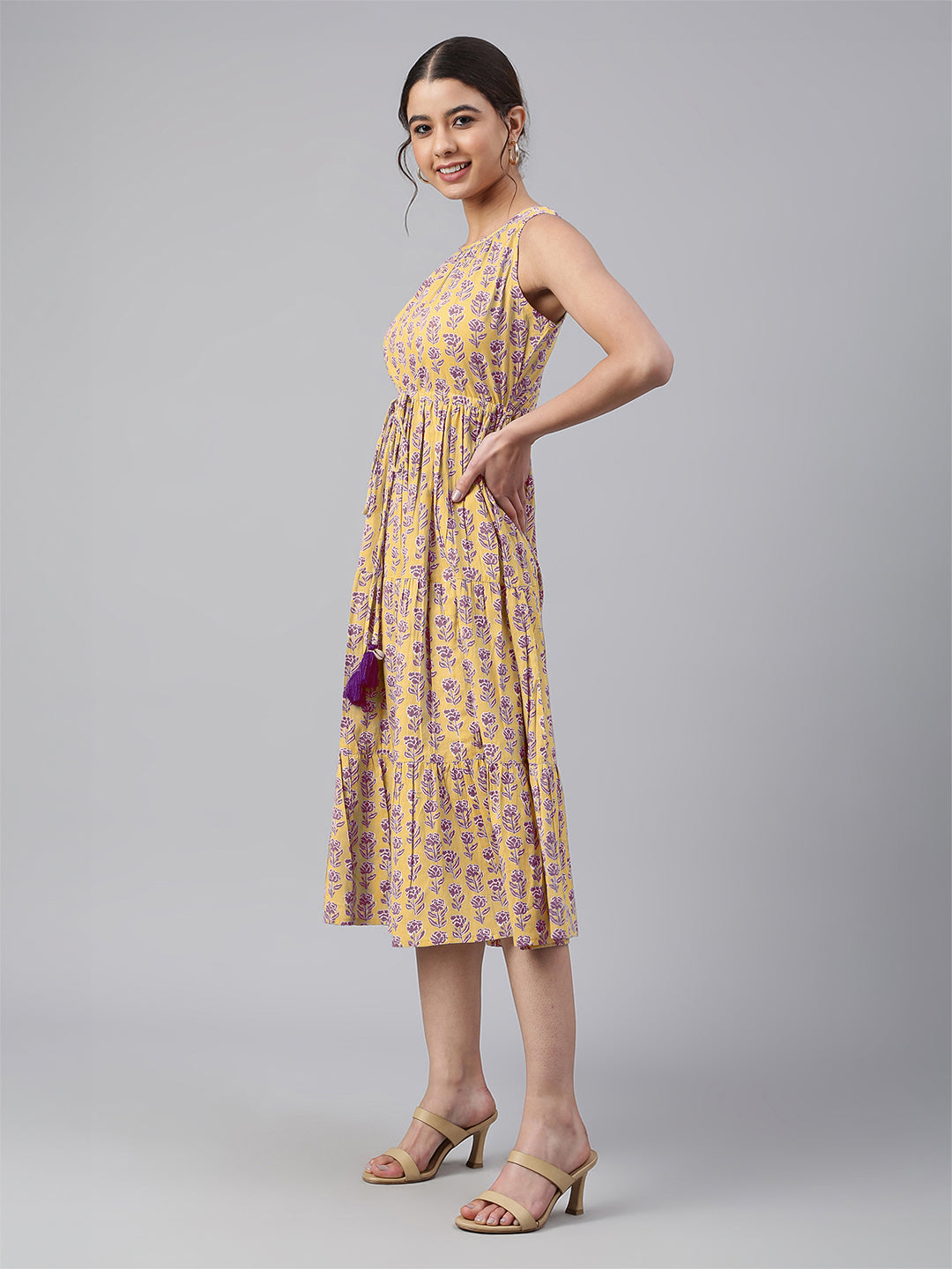 Janasya Bright Cotton Floral Tiered Dress | Grocsy
