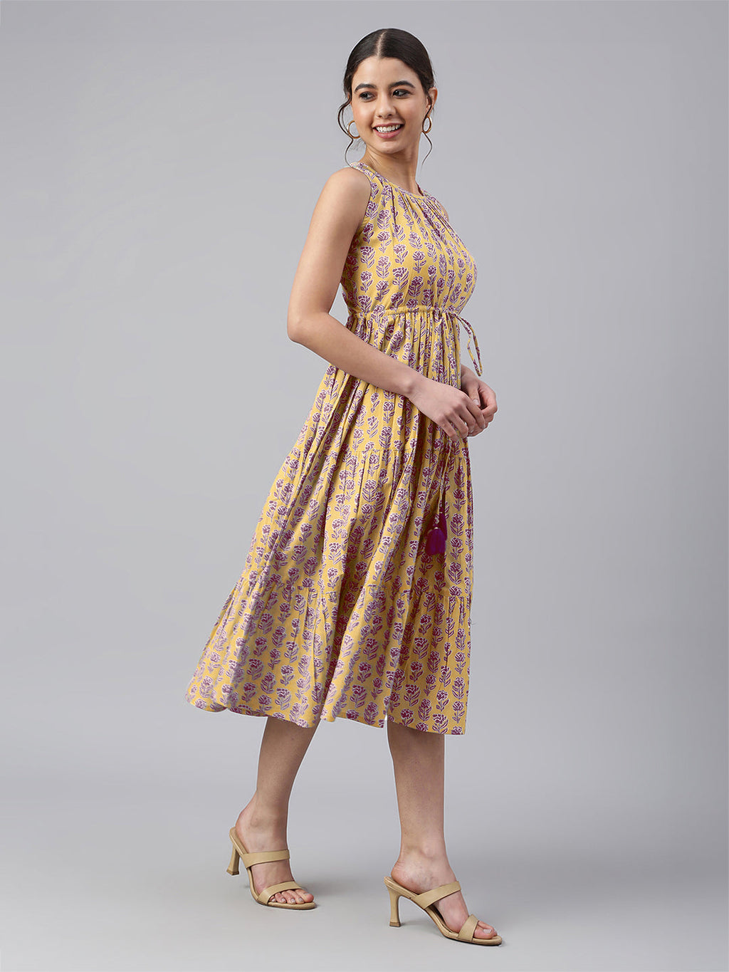 Janasya Bright Cotton Floral Tiered Dress | Grocsy