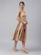 Janasya Bright Cotton Floral Tiered Dress | Grocsy
