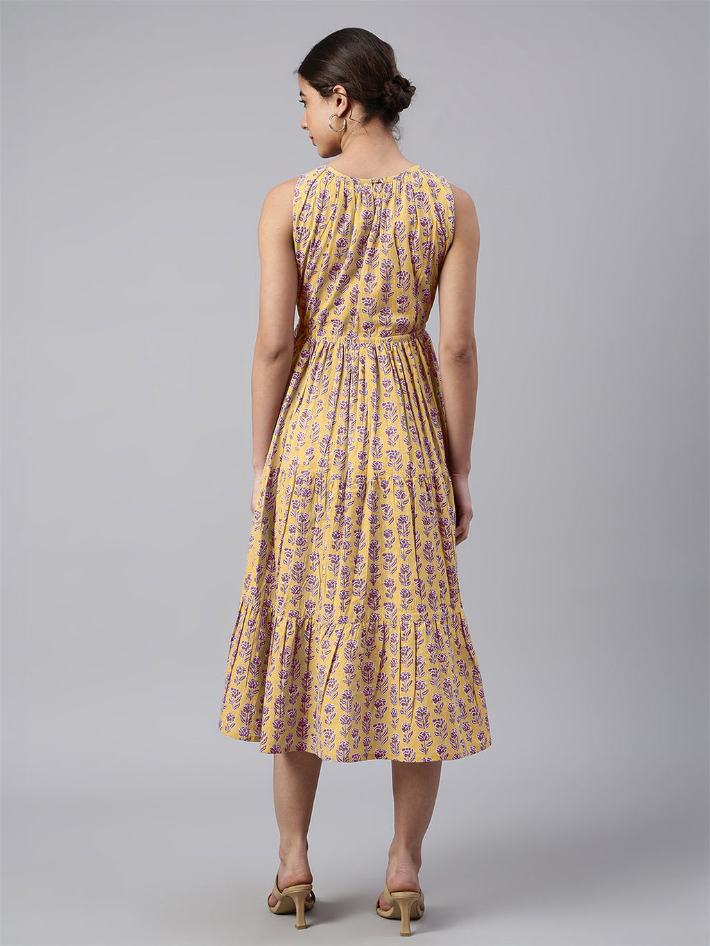 Janasya Bright Cotton Floral Tiered Dress | Grocsy