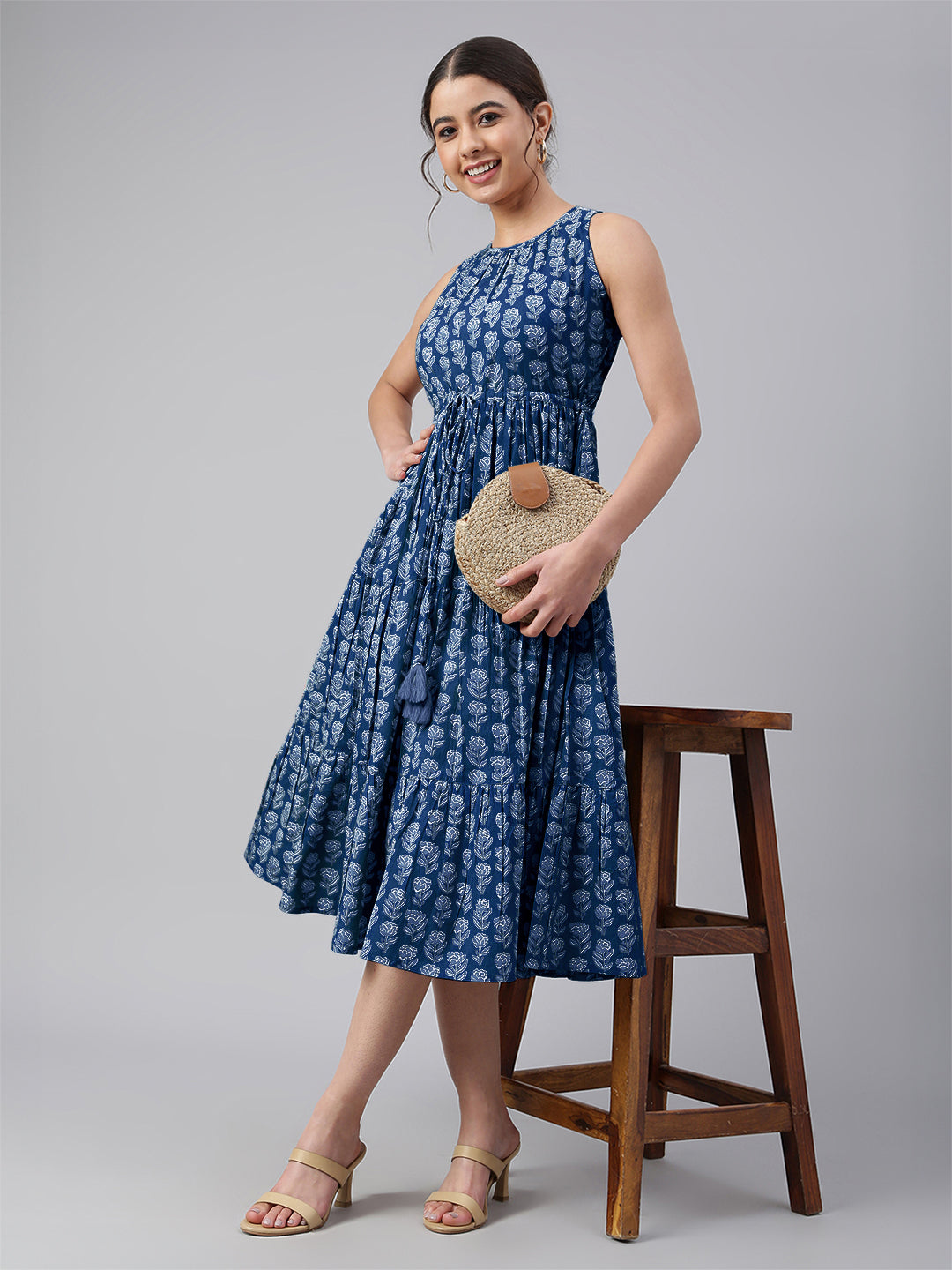 Janasya Bright Cotton Floral Tiered Dress | Grocsy