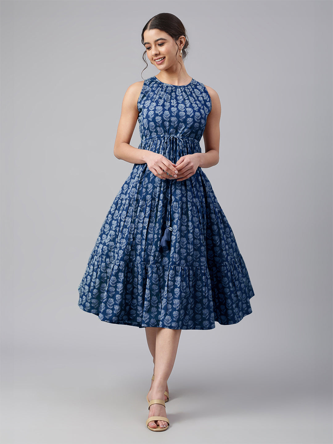 Janasya Bright Cotton Floral Tiered Dress | Grocsy