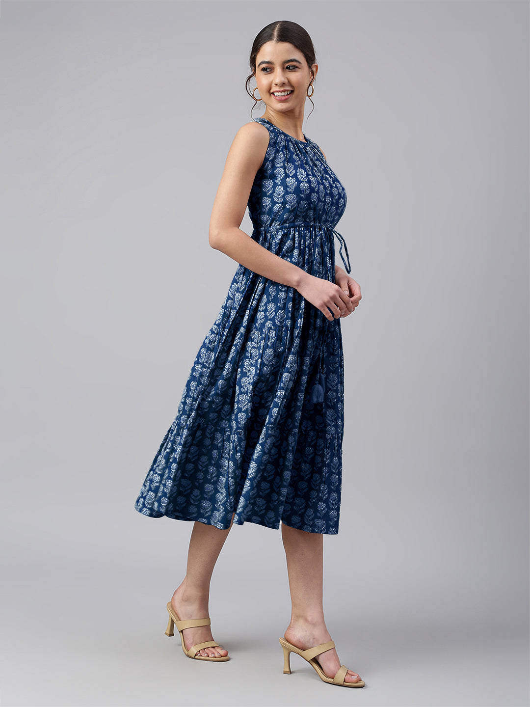 Janasya Bright Cotton Floral Tiered Dress | Grocsy