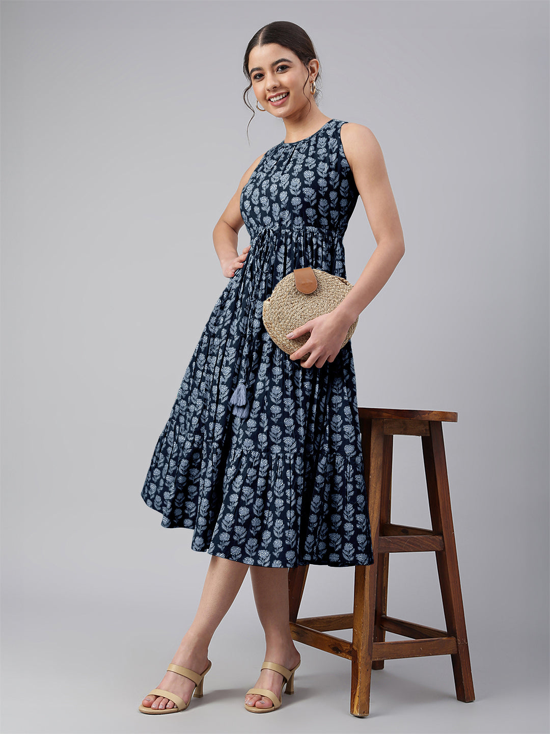 Janasya Dark Cotton Floral Tiered Dress | Grocsy