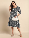Janasya Dark Cotton Floral A-Line Dress | Grocsy