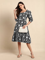 Janasya Dark Cotton Floral A-Line Dress | Grocsy