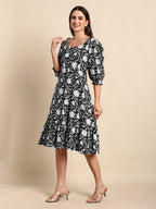 Janasya Dark Cotton Floral A-Line Dress | Grocsy