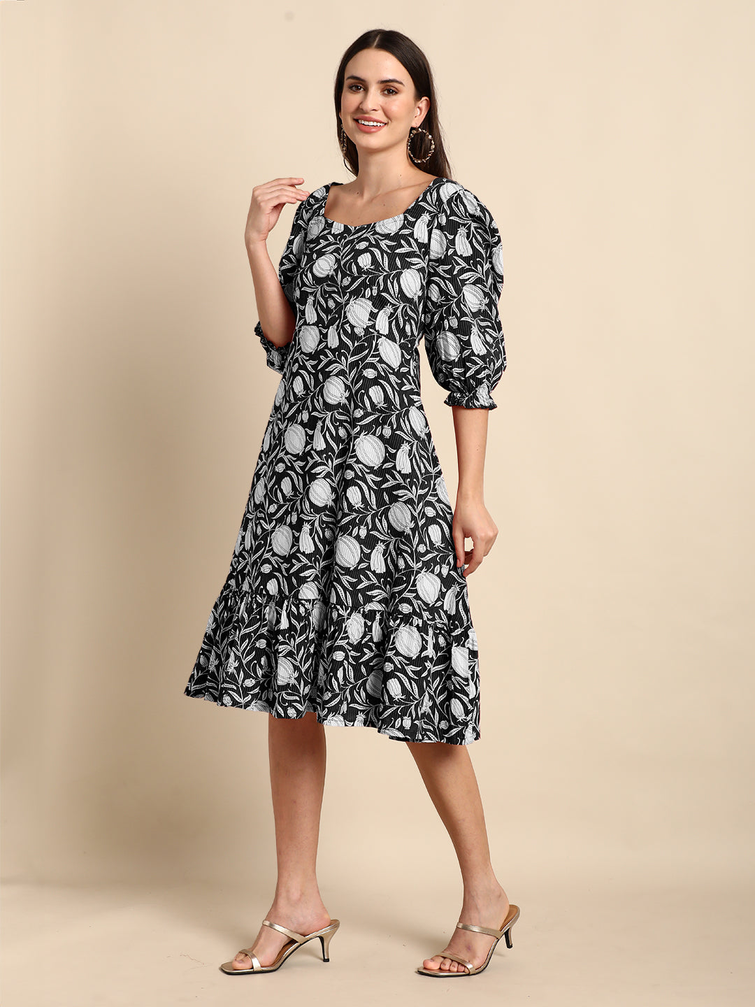 Janasya Dark Cotton Floral A-Line Dress | Grocsy