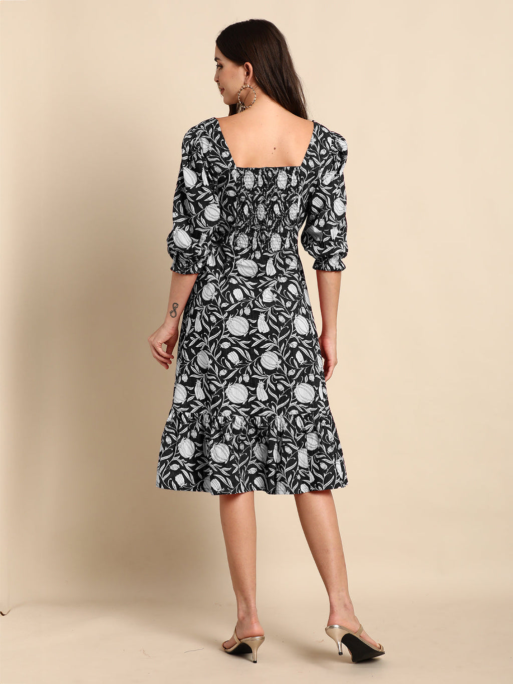 Janasya Dark Cotton Floral A-Line Dress | Grocsy