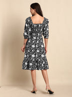 Janasya Dark Cotton Floral A-Line Dress | Grocsy