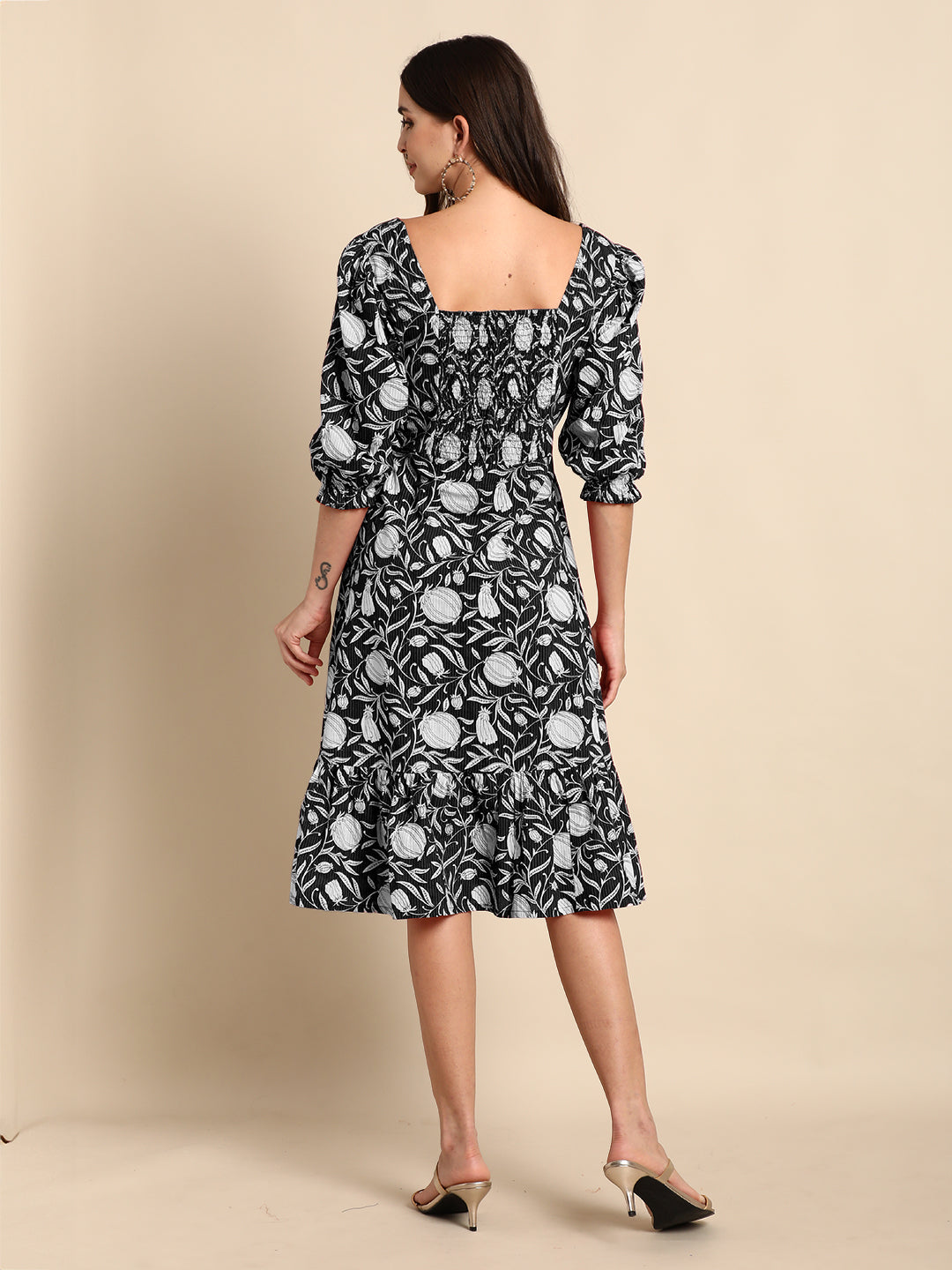 Janasya Dark Cotton Floral A-Line Dress | Grocsy