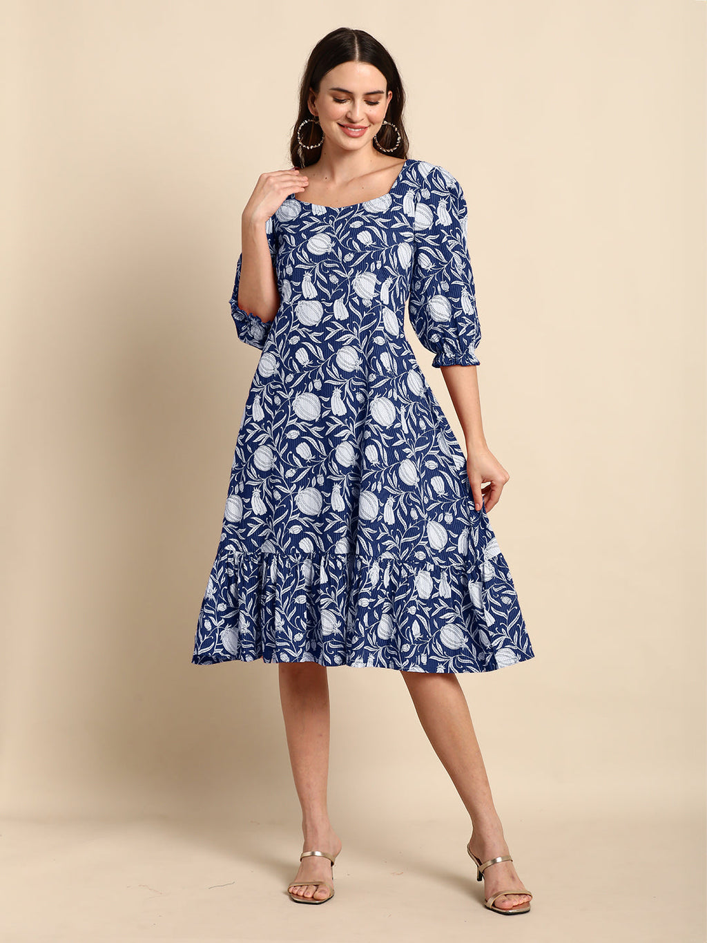Janasya Dark Cotton Floral A-Line Dress | Grocsy