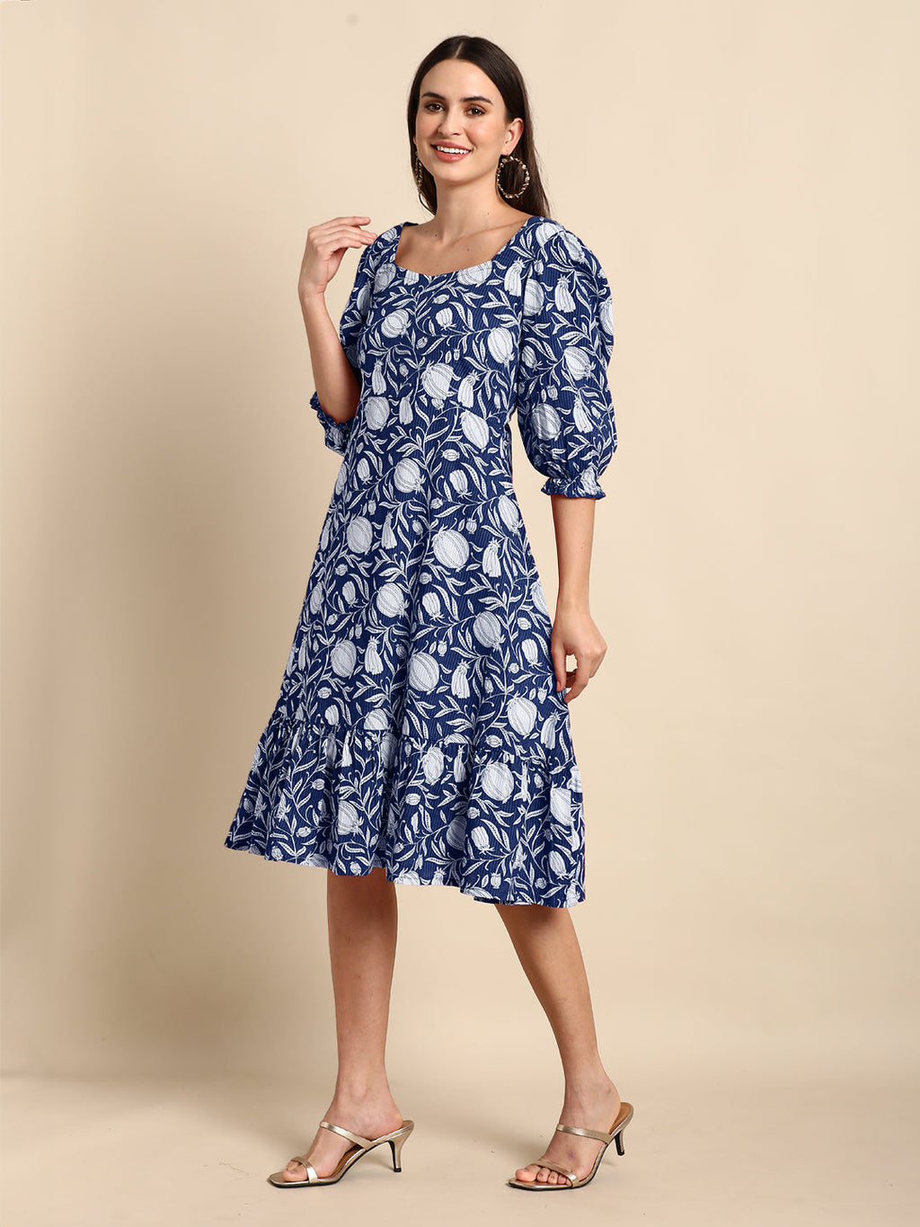 Janasya Dark Cotton Floral A-Line Dress | Grocsy