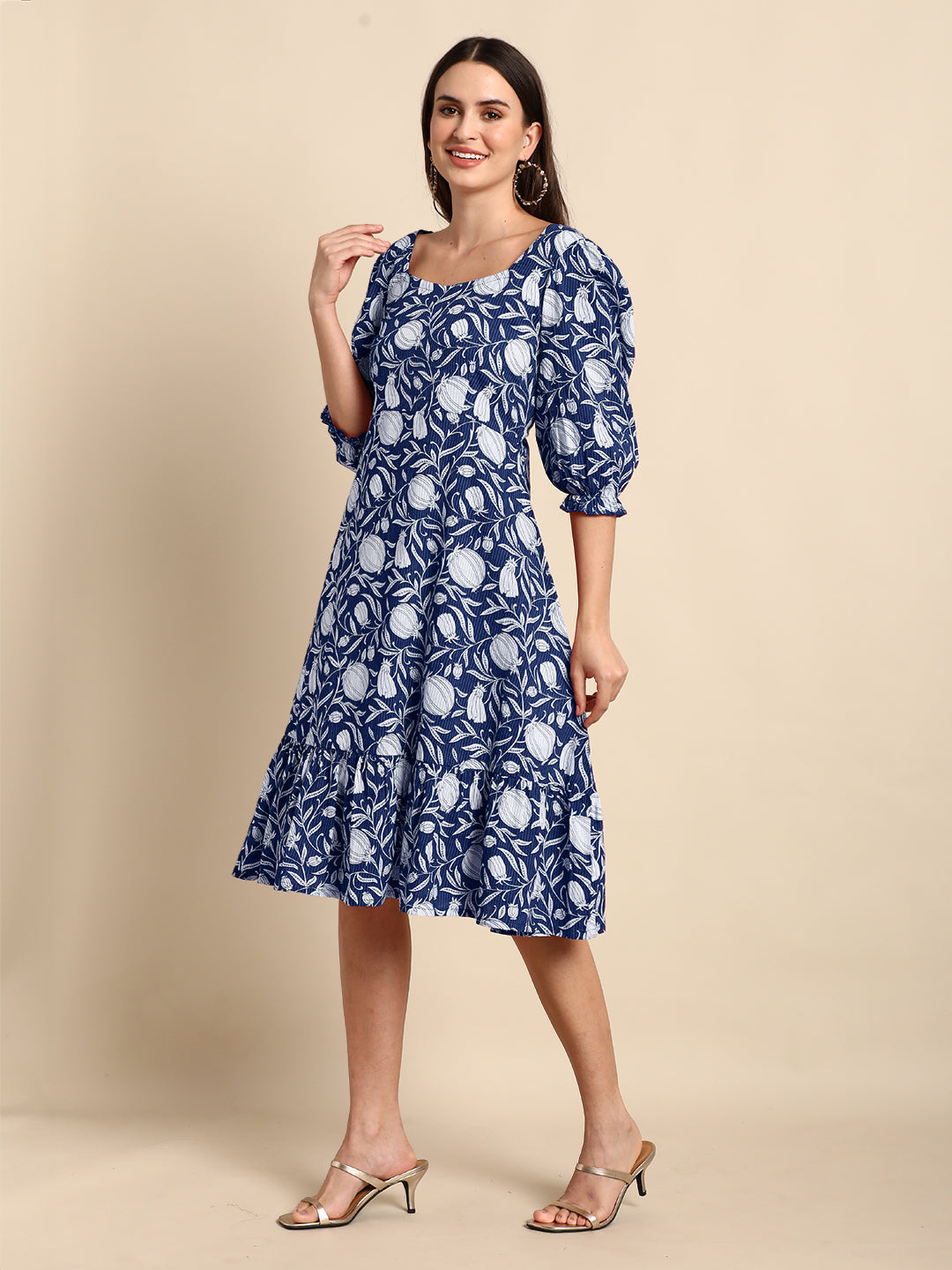 Janasya Dark Cotton Floral A-Line Dress | Grocsy