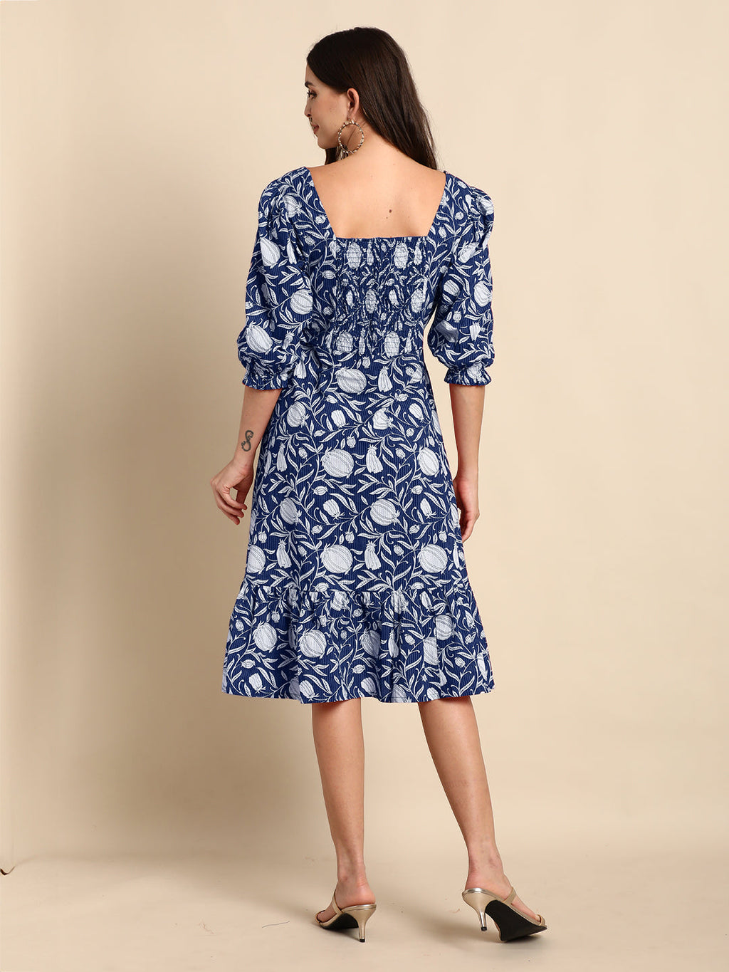Janasya Dark Cotton Floral A-Line Dress | Grocsy