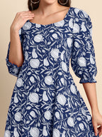 Janasya Dark Cotton Floral A-Line Dress | Grocsy
