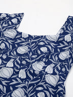 Janasya Dark Cotton Floral A-Line Dress | Grocsy