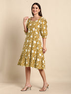 Janasya Dark Cotton Floral A-Line Dress | Grocsy
