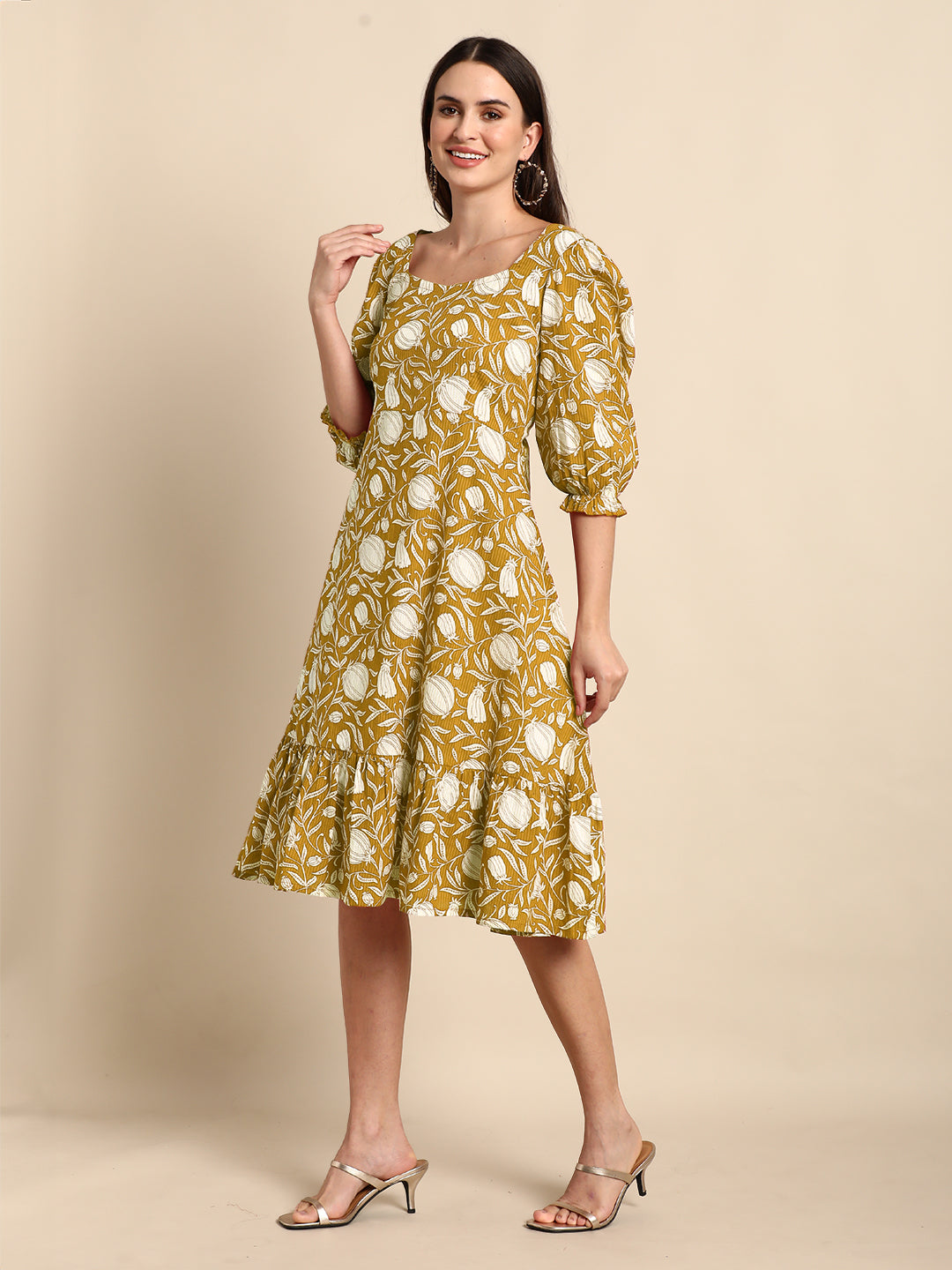 Janasya Dark Cotton Floral A-Line Dress | Grocsy