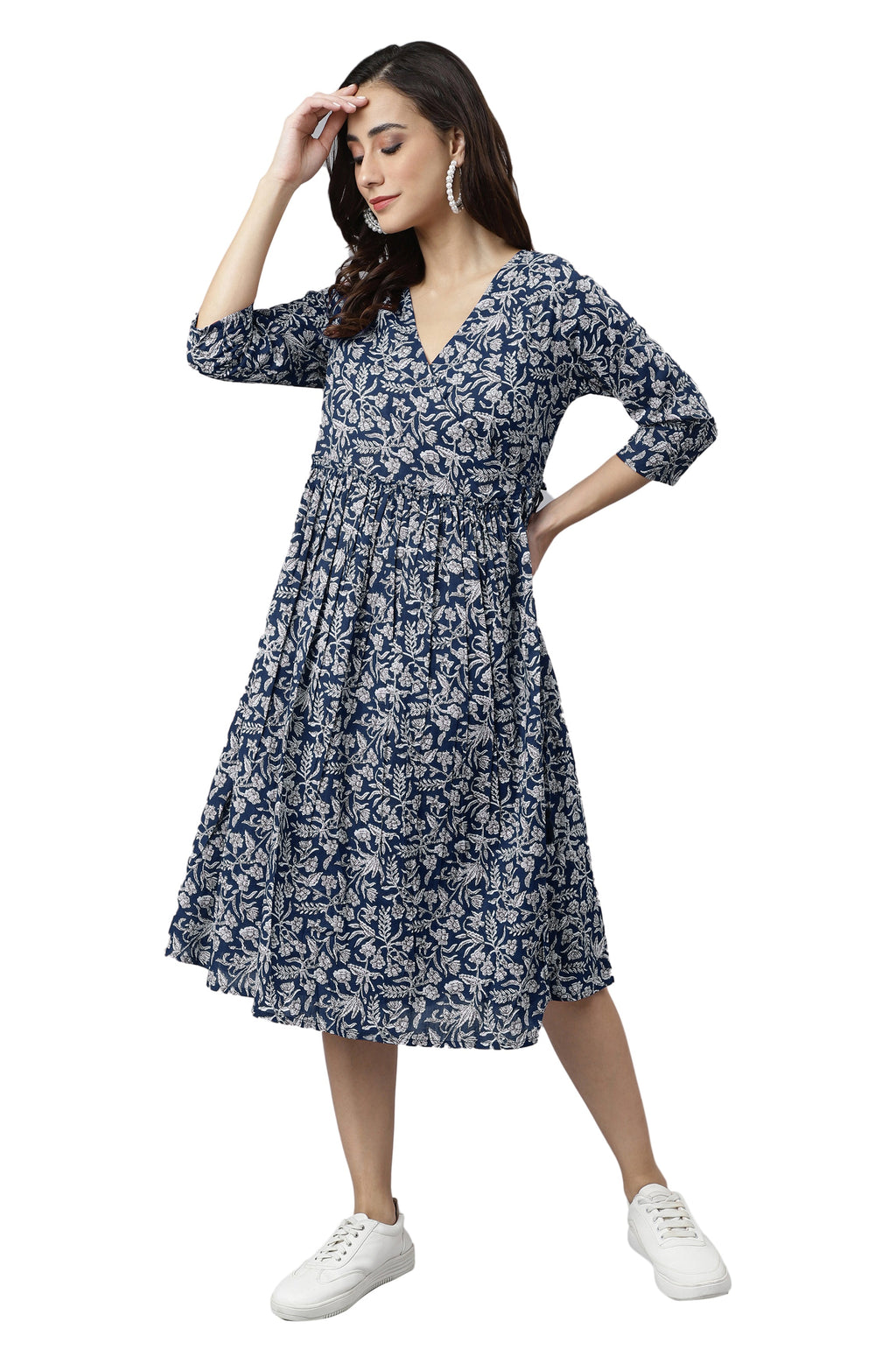 Janasya Dark Cotton Floral Angrakha Dress | Grocsy