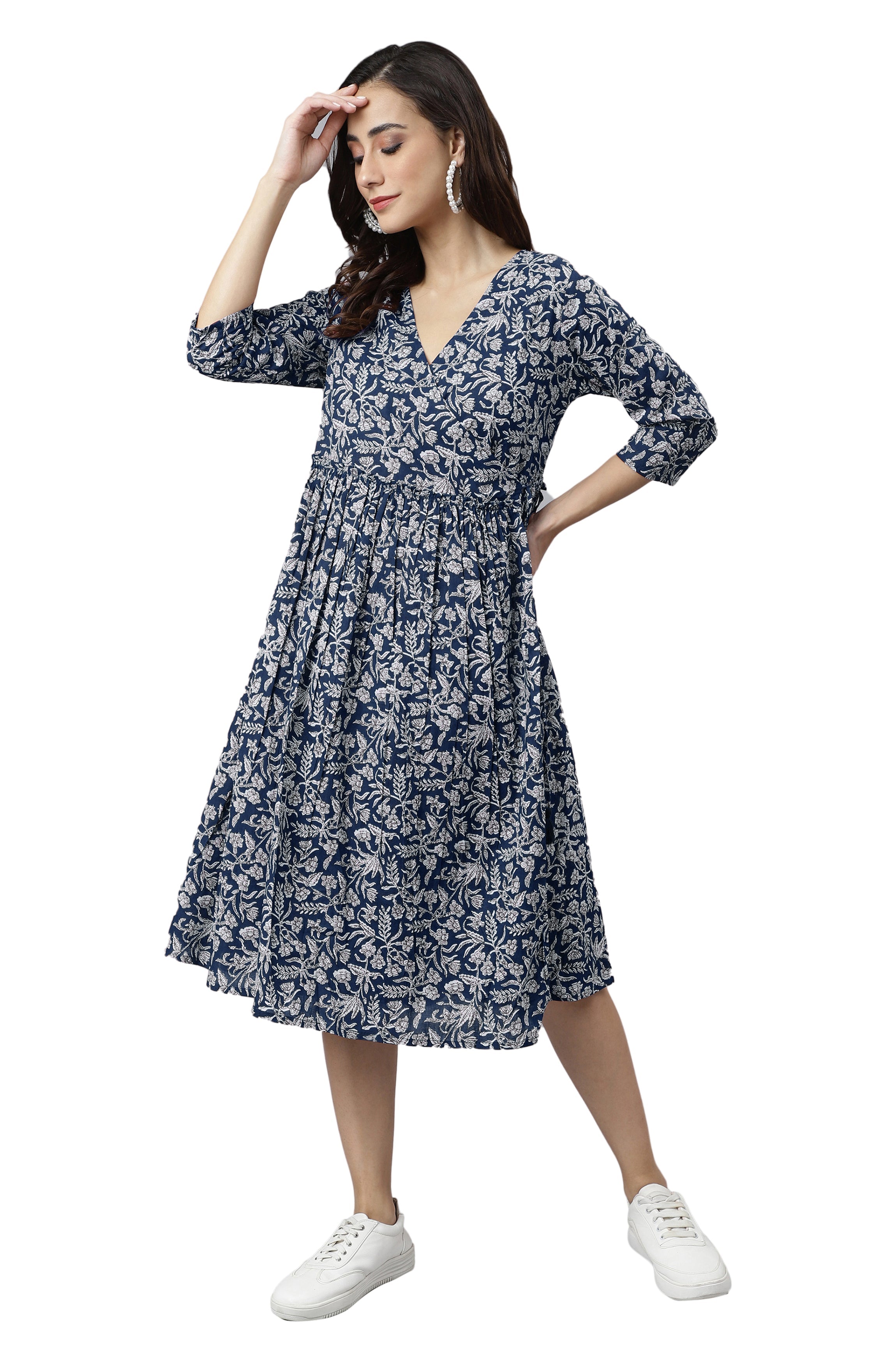 Janasya Dark Cotton Floral Angrakha Dress | Grocsy