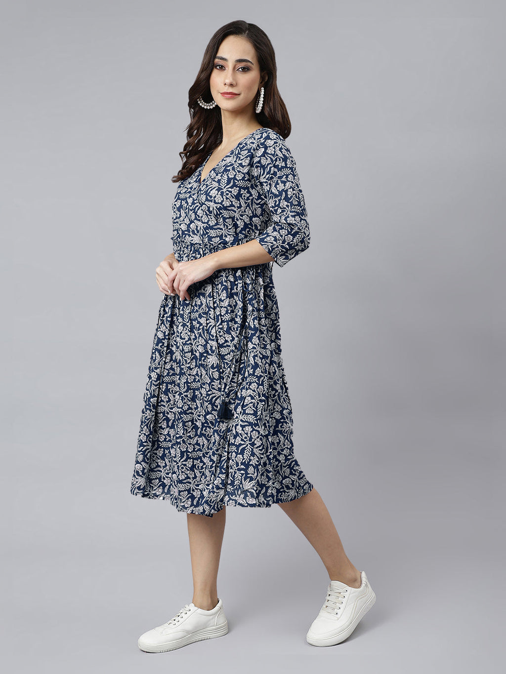 Janasya Dark Cotton Floral Angrakha Dress | Grocsy