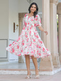 Janasya Bright Georgette Floral Tiered Dress | Grocsy