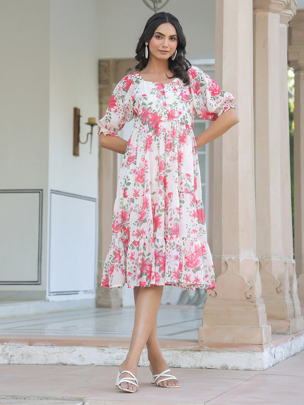 Janasya Bright Georgette Floral Tiered Dress | Grocsy