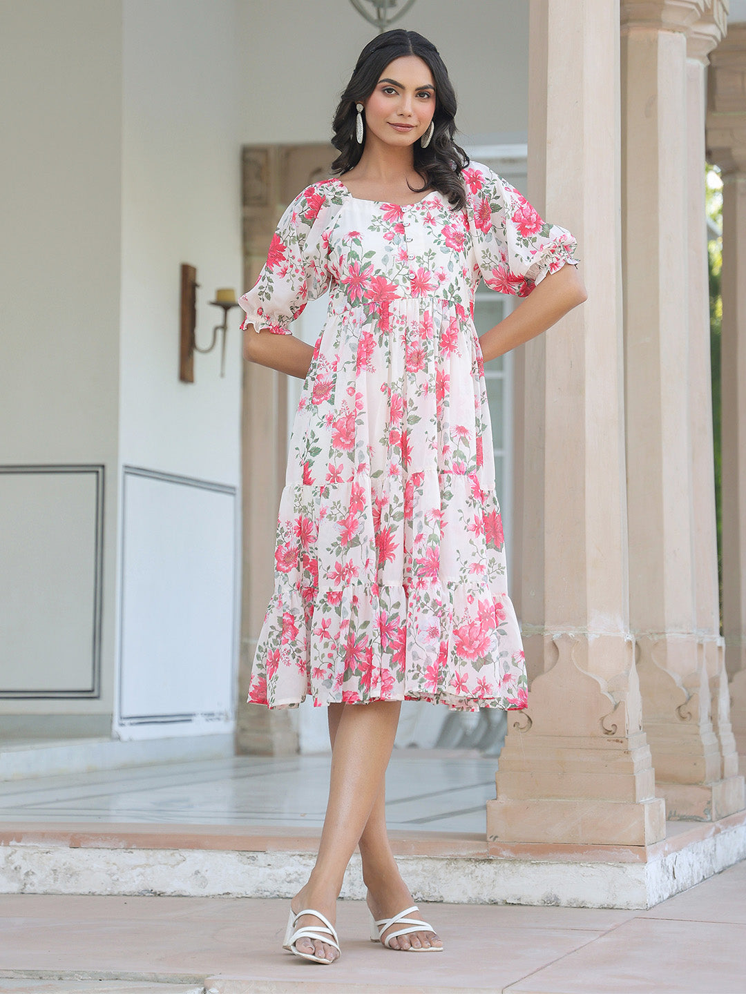 Janasya Bright Georgette Floral Tiered Dress | Grocsy