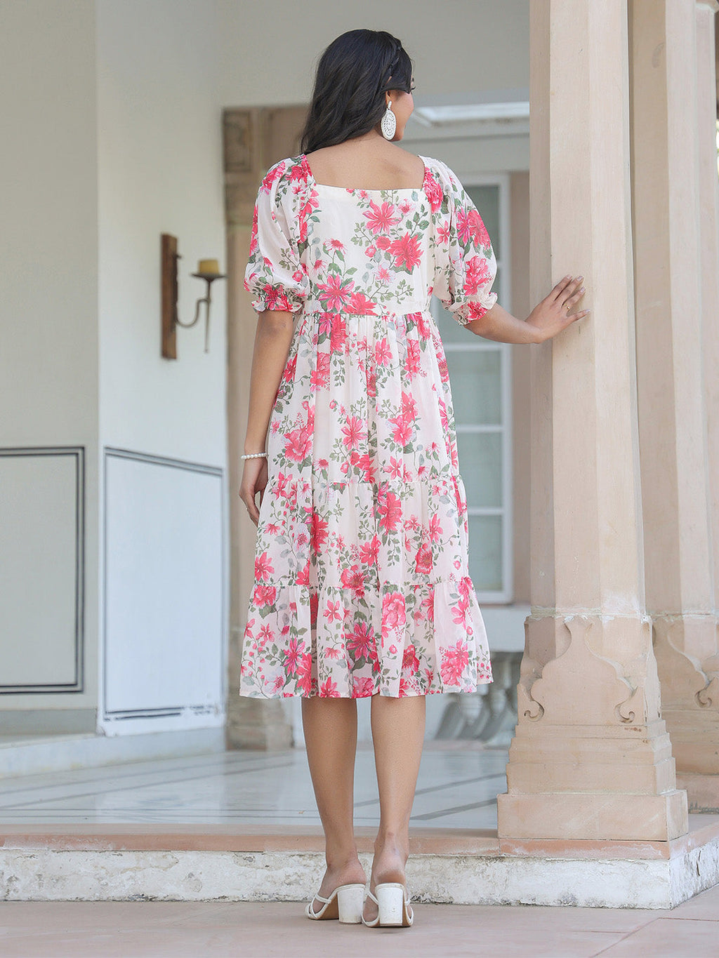 Janasya Bright Georgette Floral Tiered Dress | Grocsy