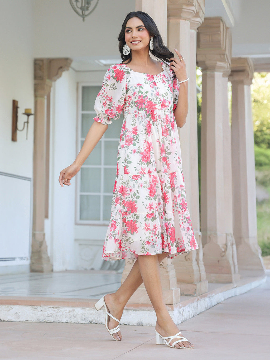 Janasya Bright Georgette Floral Tiered Dress | Grocsy