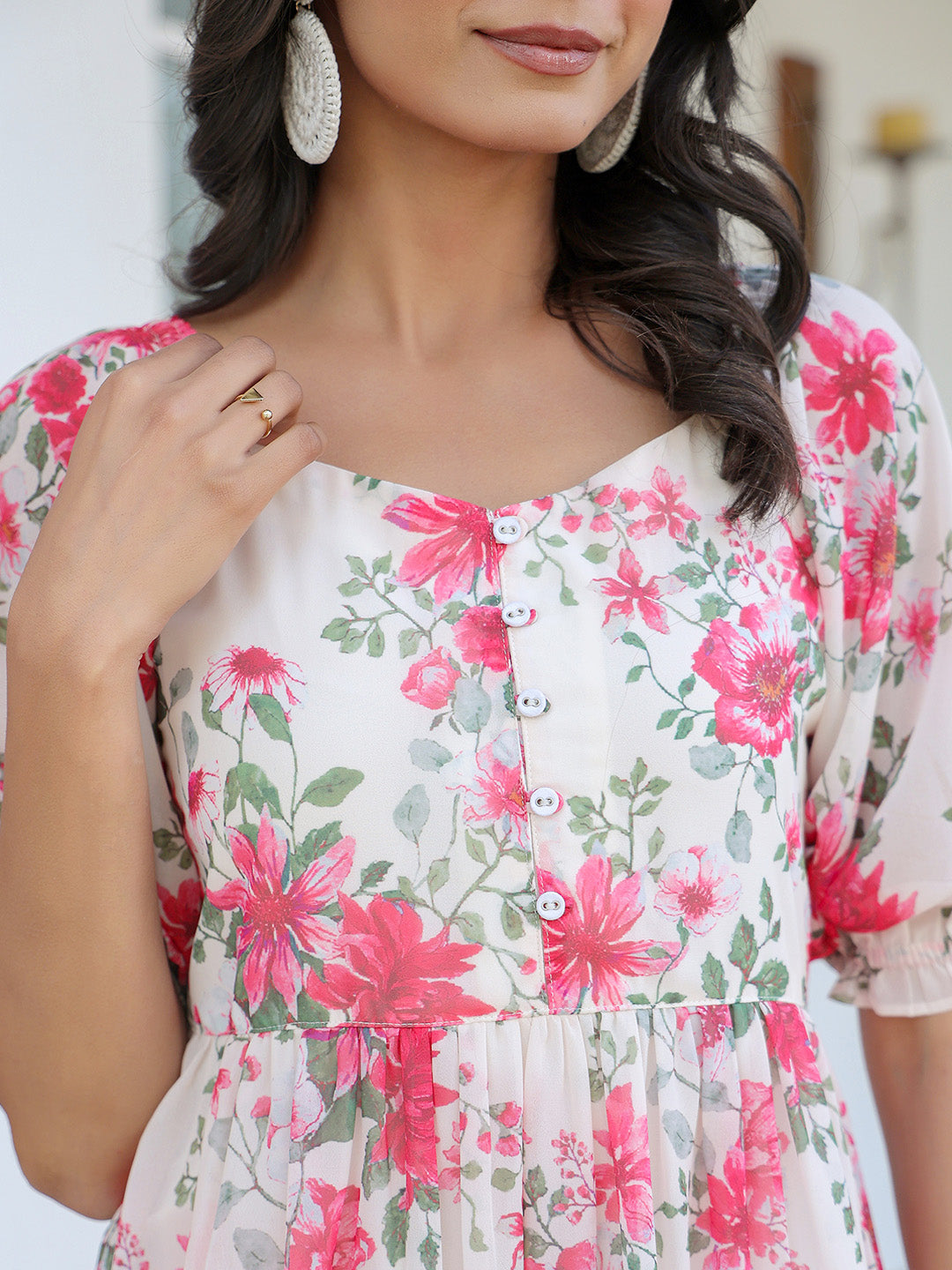 Janasya Bright Georgette Floral Tiered Dress | Grocsy