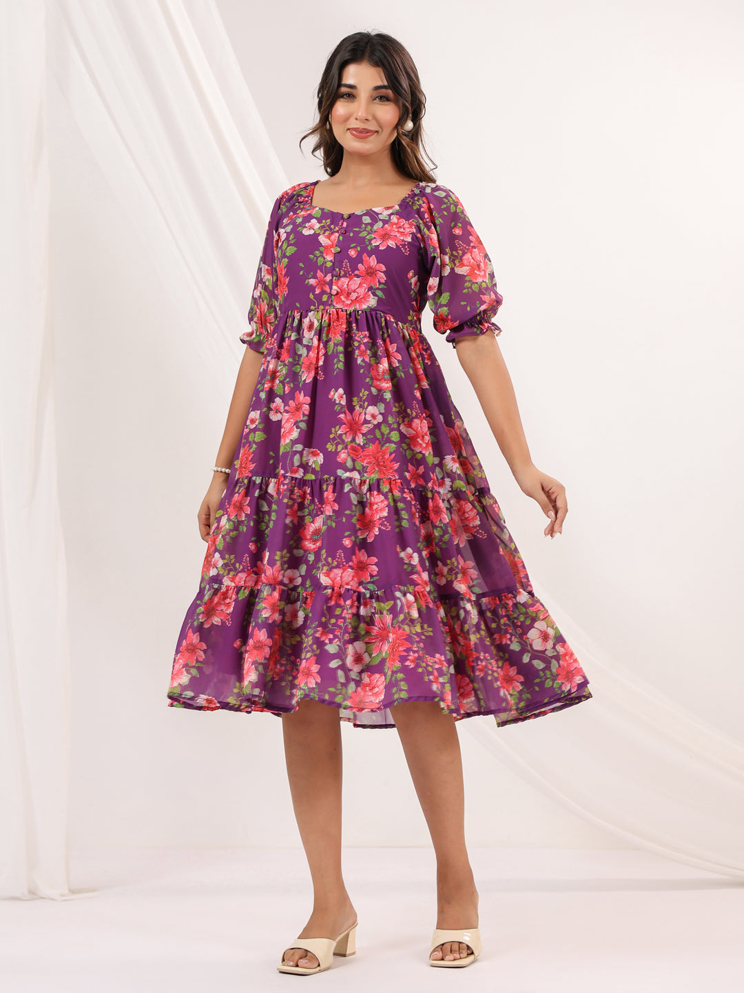 Janasya Bright Georgette Floral Tiered Dress | Grocsy