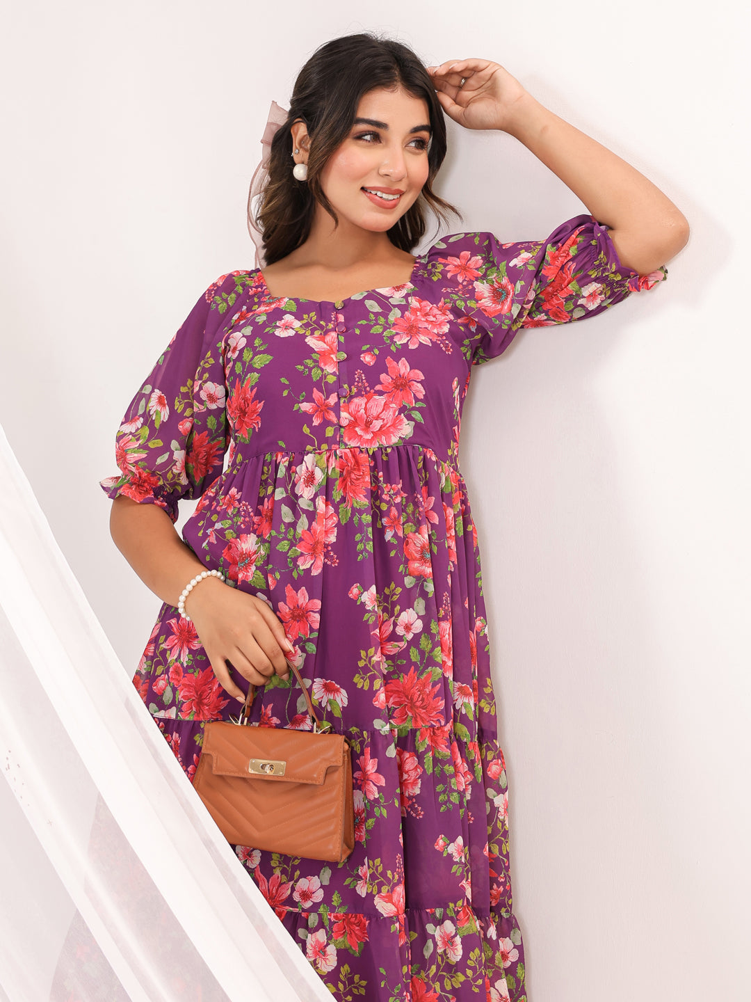 Janasya Bright Georgette Floral Tiered Dress | Grocsy