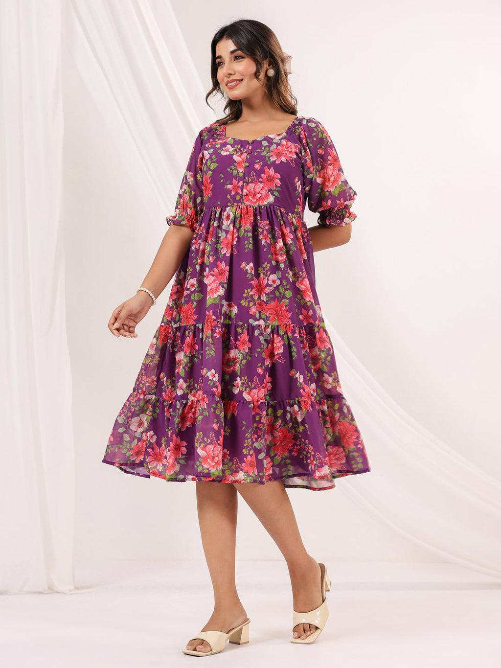 Janasya Bright Georgette Floral Tiered Dress | Grocsy
