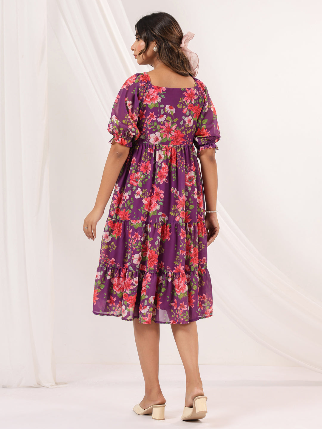 Janasya Bright Georgette Floral Tiered Dress | Grocsy