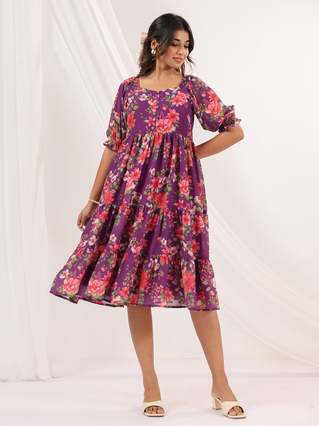 Janasya Bright Georgette Floral Tiered Dress | Grocsy