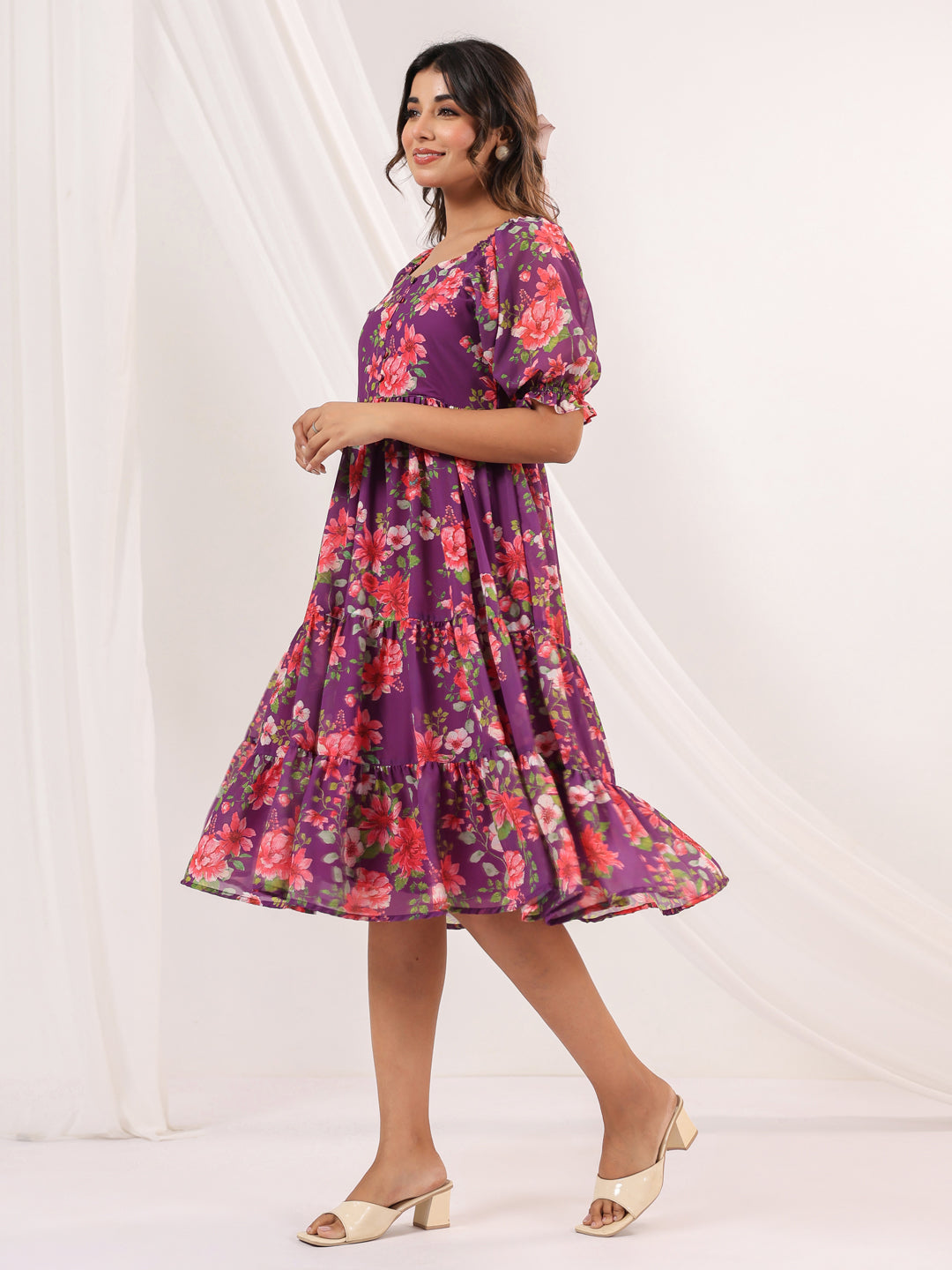 Janasya Bright Georgette Floral Tiered Dress | Grocsy
