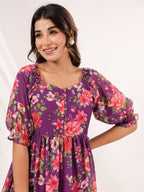 Janasya Bright Georgette Floral Tiered Dress | Grocsy