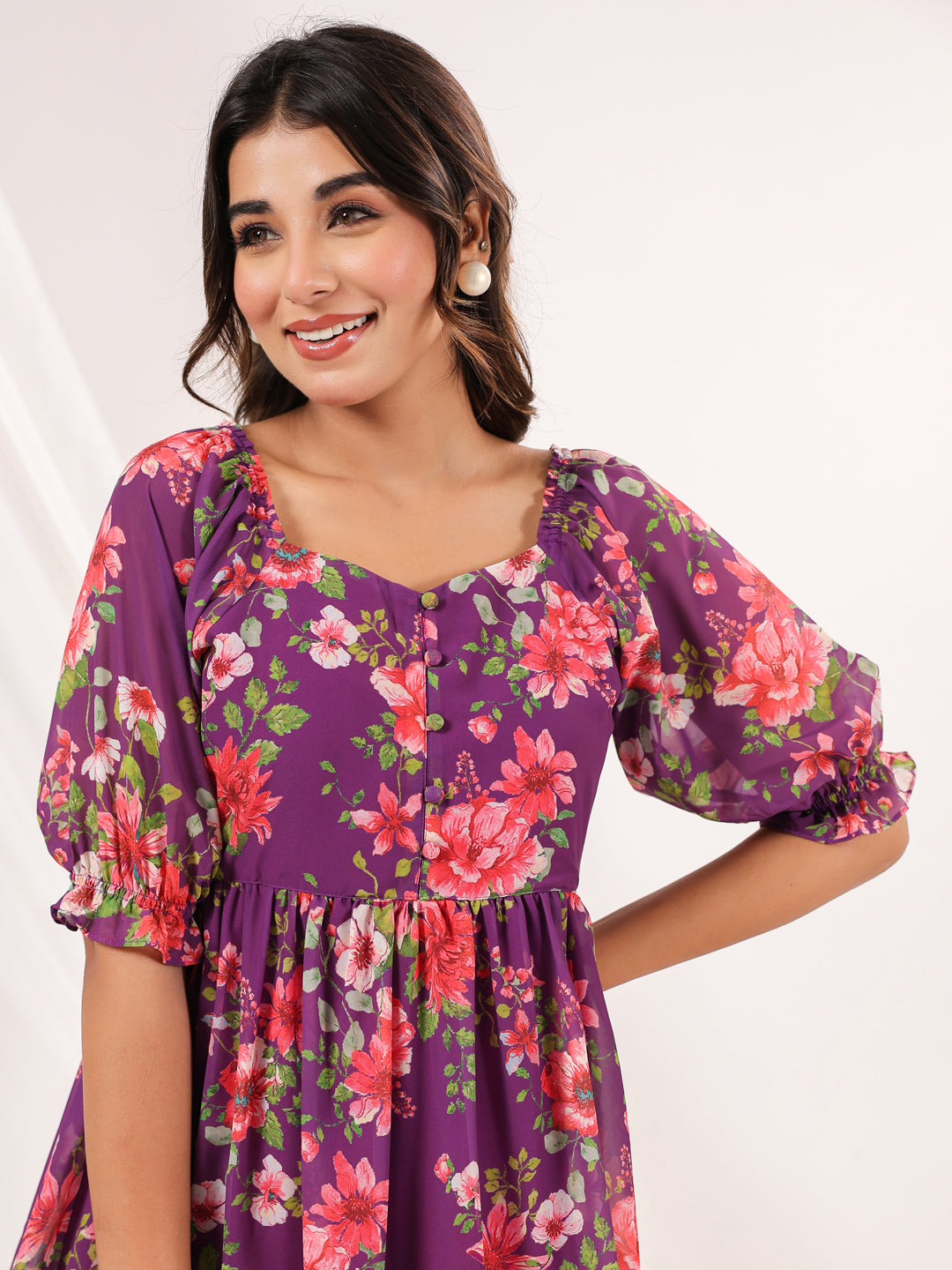 Janasya Bright Georgette Floral Tiered Dress | Grocsy