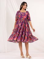Janasya Bright Georgette Floral Tiered Dress | Grocsy