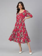 Janasya Bright Georgette Floral Tiered Dress | Grocsy