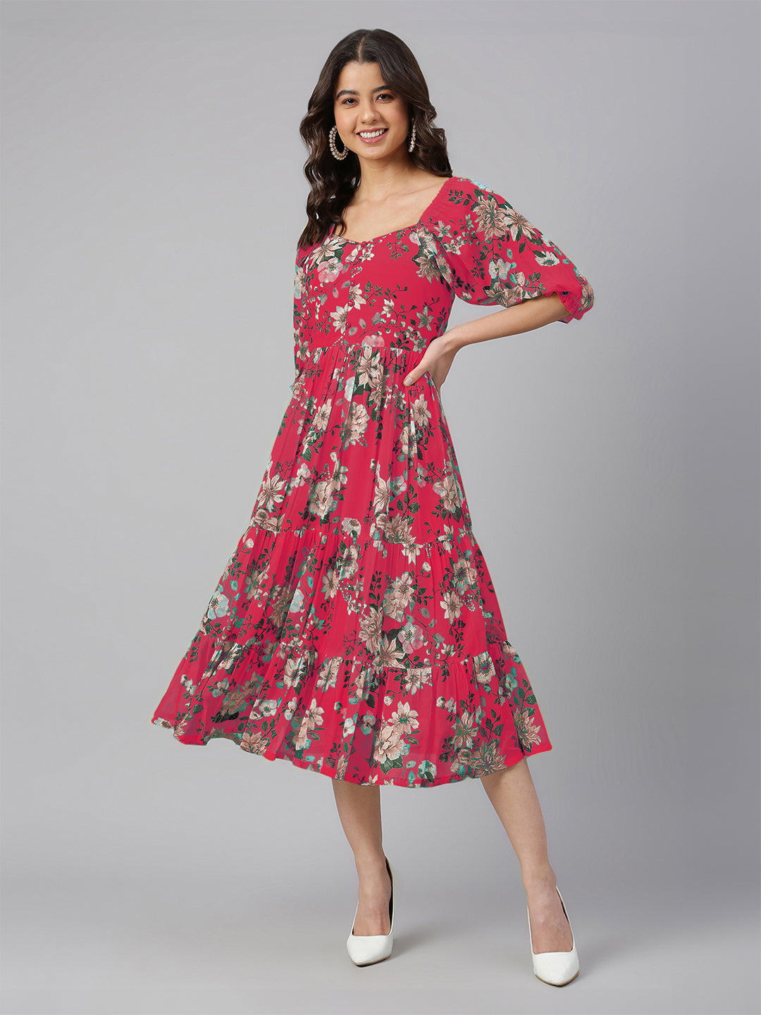 Janasya Bright Georgette Floral Tiered Dress | Grocsy