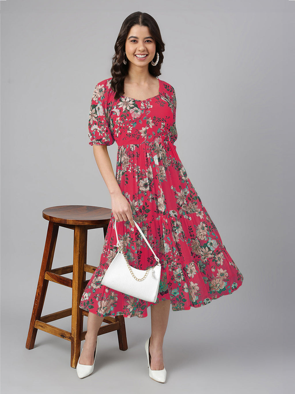 Janasya Bright Georgette Floral Tiered Dress | Grocsy