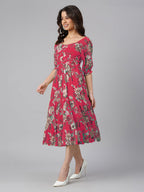 Janasya Bright Georgette Floral Tiered Dress | Grocsy