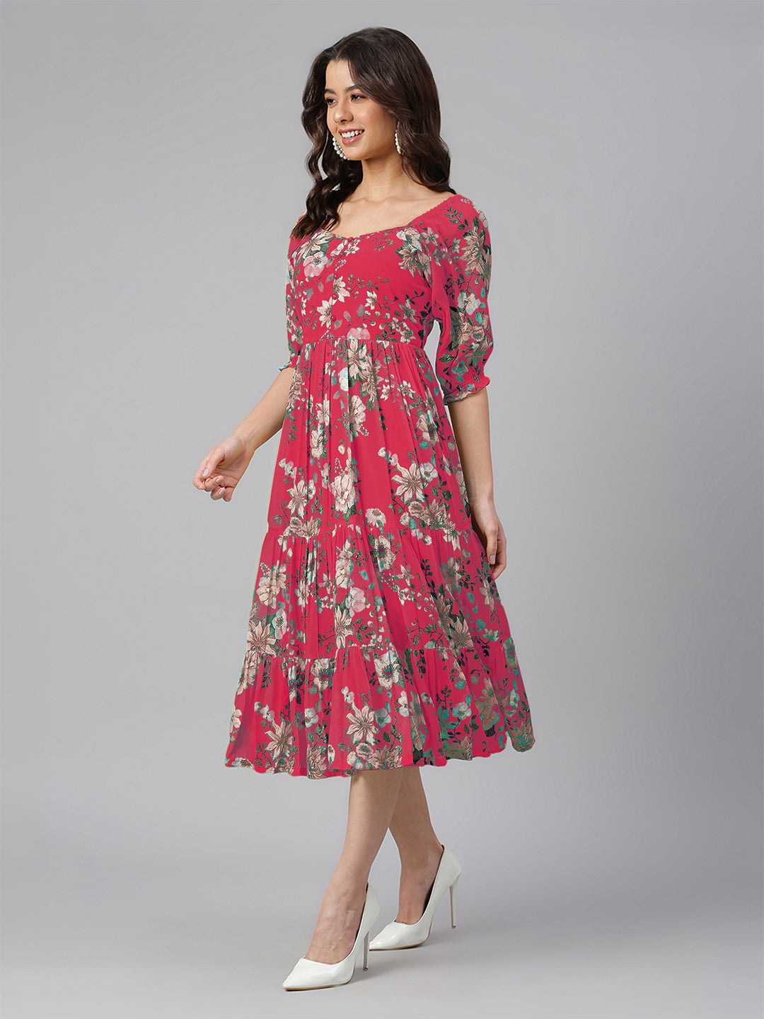 Janasya Bright Georgette Floral Tiered Dress | Grocsy