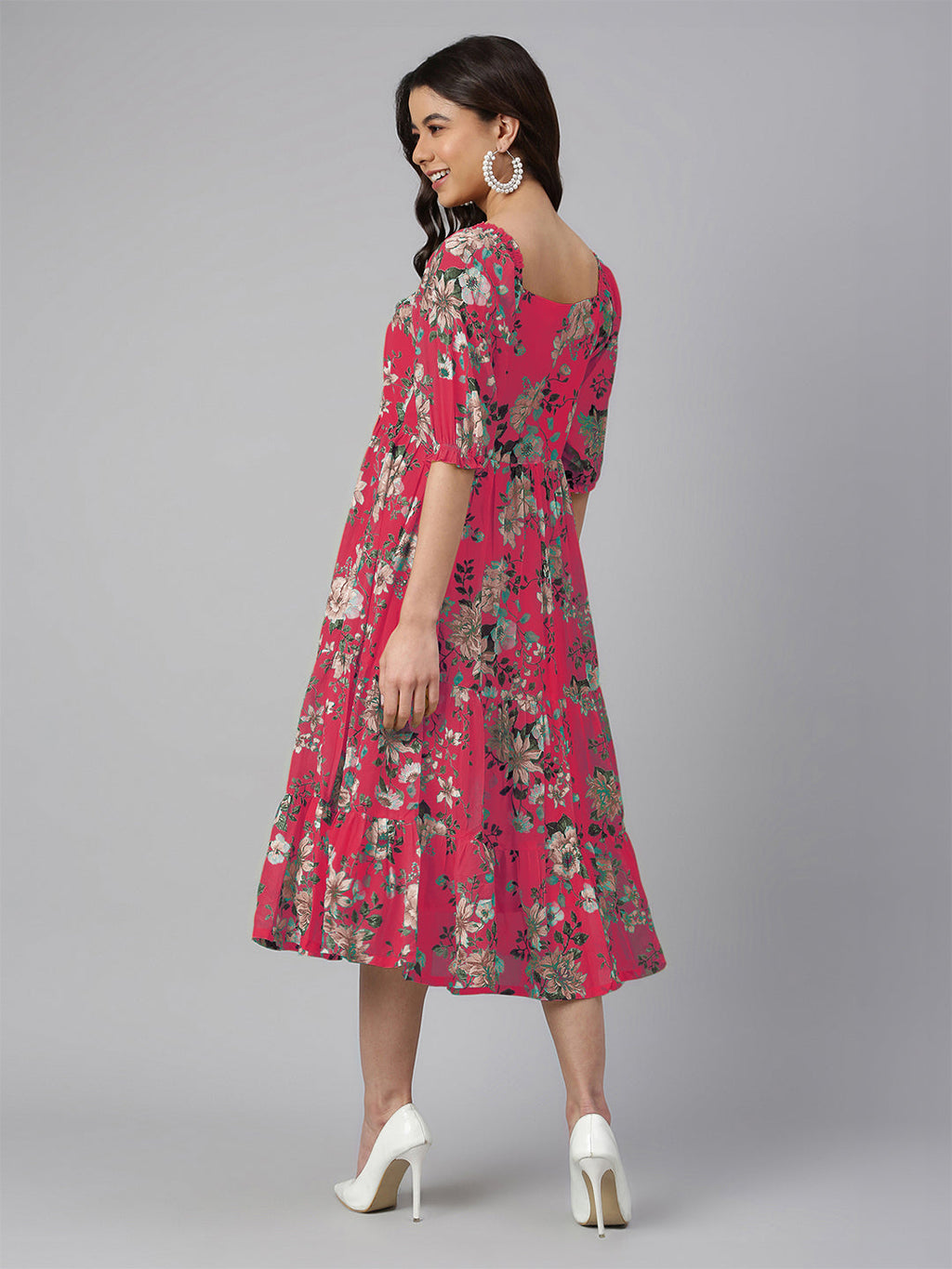 Janasya Bright Georgette Floral Tiered Dress | Grocsy