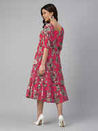 Janasya Bright Georgette Floral Tiered Dress | Grocsy