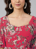 Janasya Bright Georgette Floral Tiered Dress | Grocsy